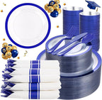Liacere 350PCS Blue Plastic Plates - Clear with Blue Trim for 50Guests Dinnerware Include 100 Clear Plates disposable 150 Silverware 50Napkins for Wedding ＆ Graduation & Memorial Day