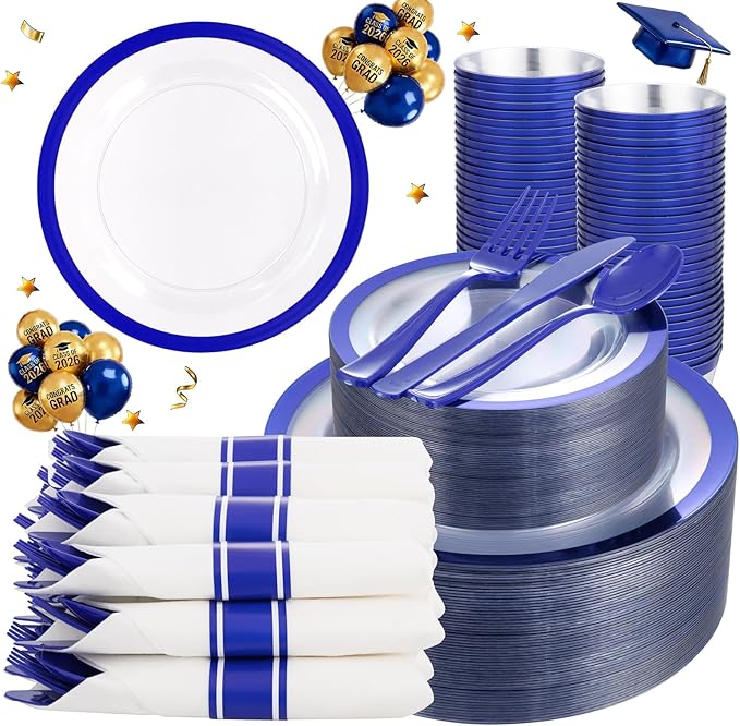 Liacere 350PCS Blue Plastic Plates - Clear with Blue Trim for 50Guests Dinnerware Include 100 Clear Plates disposable 150 Silverware 50Napkins for Wedding ＆ Graduation & Memorial Day