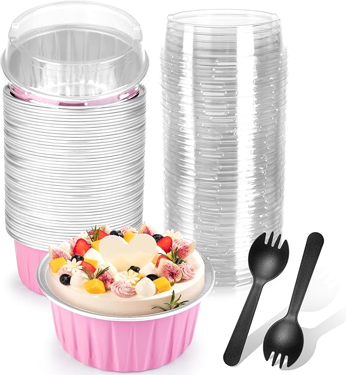 Mini Cake Pans 50 Packs with Lids and Spoons,Rectangle Aluminum Foil Loaf Baking Pans Tins Containers,Cupcake Containers Wrappers Cheesecake Creme Brulee Ramekins-6.8 Oz (Pink Round, 50 Packs)