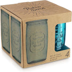 Glaver's Highball Glasses Set of 4 – 20oz Artistic Ice-Cold Pretty Blue – Vintage Glassware with Embossed Logo – Beverage Drinking Glasses for Water, Juice, Cocktails. Hand Wash.