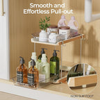 Delamu 2 Tier Bathroom Under Sink Organizers and Storage with Hook, Multi-Purpose Cabinet Drawers with Movable Dividers, Pull Out Organization for Countertop, Kitchen and Pantry(Wood Grain, 4 Pack)