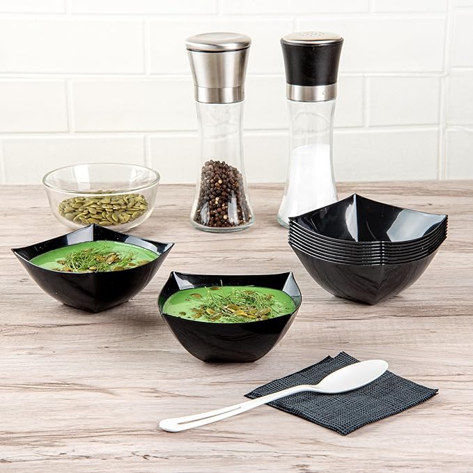 Restaurantware Moderna 8 Ounce Fancy Plastic Bowls 10 Square Disposable Salad Bowls - Durable Heavy-duty Black Plastic Bowls For Warm And Cold Foods