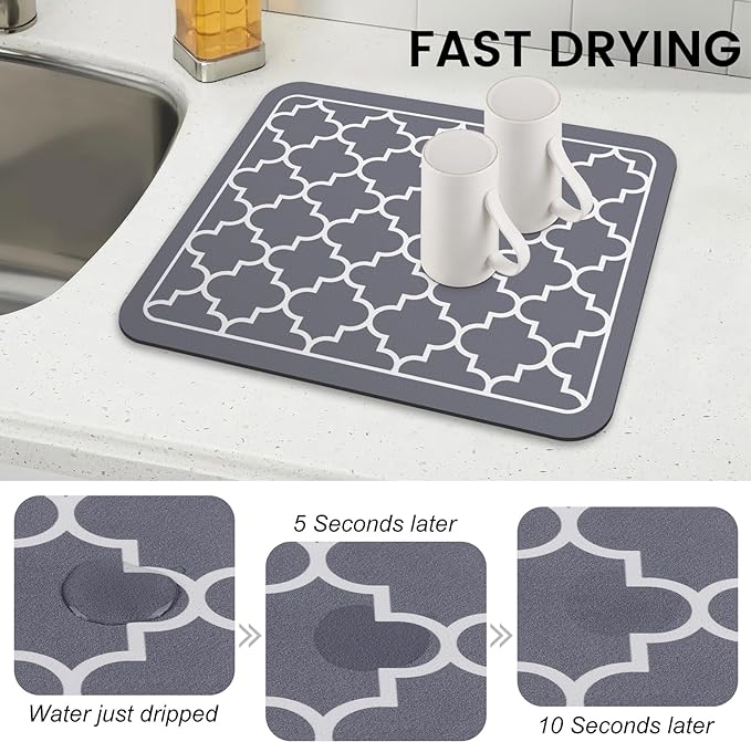 WISELIFE Dish Drying Mat Super Absorbent Drying Mat Large Dish Drying Mats for Kitchen Counter Easy Clean Dish Mat Kitchen Drying Mat15"x 18" Stylish Grey