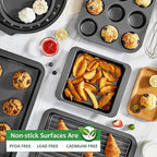 HONGBAKE Bakeware Sets, Baking Pans Set with Reusable Silicone Sheet Trays Dividers, Nonstick Oven Pan with Wider Grips, 14-Piece Including Rack, Cookie Sheet, Cake, Loaf, Muffin, Pizza Pan