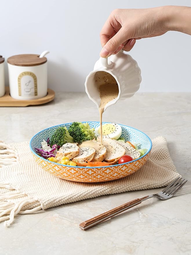 Selamica Porcelain 26 Ounce Pasta Bowls Set of 6, 8 inch Wide and Shallow Salad Bowls, Serving Bowls, Microwave & Dishwasher Safe, Sturdy & Stackable, Variety of Colors
