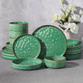 E-far 16-Piece Plates and Bowls Sets with Pasta Bowls - Stoneware Dinnerware Set for 4, Modern Ribbed Dishes, Microwave & Dishwasher Safe, Reactive Green