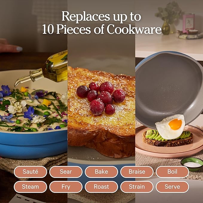 Our Place Always Pan 2.0-10.5” (2.6 Qt) Nonstick, Toxin-Free Ceramic Cookware | Patented 10-in-1 Aluminum Frying & Sauté Pan | Safe for Oven, Induction & All Cooktops up to 450°F | Forget-Me-Not Blue