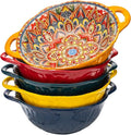 XKXKKE 5 Pack Boho Ceramic Serving Bowls with Handles, 40 Oz Porcelain Salad Bowls, Large Serving Dishes for Entertaining, Mixing Bowls for Soup, Stew, Pasta, Cereal, Colorful Embossed Cute Bowls Set