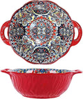 2 Pack Boho Ceramic Serving Bowls with Handles, 40 Oz Porcelain Salad Bowls, Large Serving Dishes for Entertaining, Mixing Bowls for Soup, Stew, Pasta, Cereal, Colorful Embossed Cute Bowls Set SH