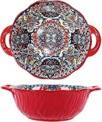 2 Pack Boho Ceramic Serving Bowls with Handles, 40 Oz Porcelain Salad Bowls, Large Serving Dishes for Entertaining, Mixing Bowls for Soup, Stew, Pasta, Cereal, Colorful Embossed Cute Bowls Set SH