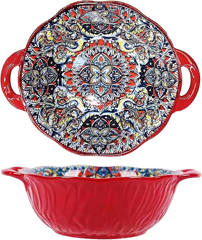 2 Pack Boho Ceramic Serving Bowls with Handles, 40 Oz Porcelain Salad Bowls, Large Serving Dishes for Entertaining, Mixing Bowls for Soup, Stew, Pasta, Cereal, Colorful Embossed Cute Bowls Set SH
