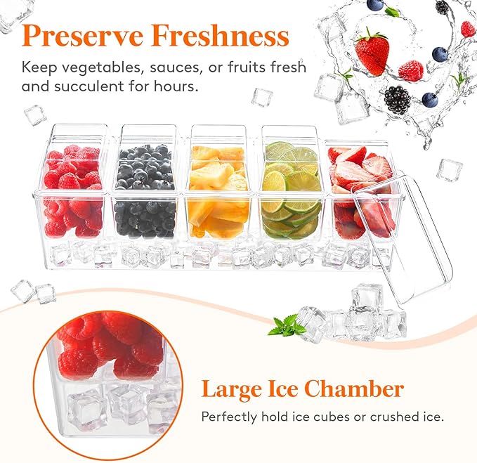 Lifewit 2 Pcs Ice Chilled Condiment Caddy with 5x 20 oz Containers, Condiment Server with Lid & Metal Accessories, Serving Tray Platter with Removable Dishes for Bar, Fruit, Salad, Taco, Party Garnish