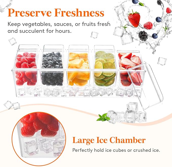 Lifewit 4 Pcs Ice Chilled Condiment Caddy with 5x 20 oz Containers, Condiment Server with Separate Lid, Serving Tray Platter with Removable Dishes for Bar, Fruit, Salad, Taco, Party Garnish
