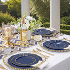 KIRE 210Pcs Navy Blue Plastic Plates - Blue and Gold Plates Disposable - 30guest Baroque Plastic Dinnerware for Upscale Wedding/Parties/Passover/Graduation