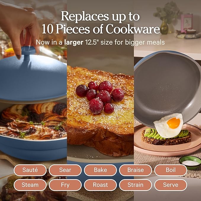 Our Place Large Always Pan | 12.5" Ceramic Pan with Modular Lid & Beechwood Spatula | Patented 10-in-1 Nonstick, Non-Toxic Cookware Made Without PFAS | Induction & Oven-Safe up to 450°F | Char