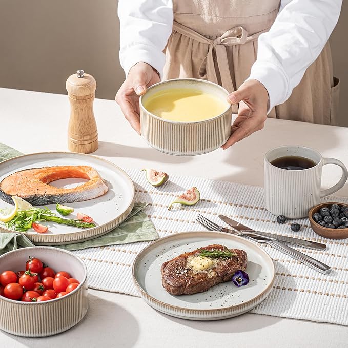 Ceramic Bowl Set of 4-22oz Cereal and Soup Bowls, Microwave and Dishwasher Safe, For Oatmeal, Salad, Pasta, Dessert and Fruit, Beige