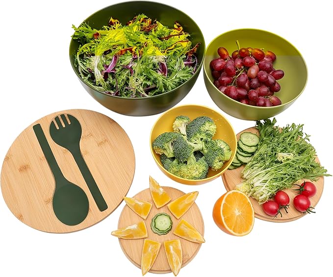 ECOWAY Salad Bowls Set of 3 with Lid & Serving Utensils, Colorful Serving Bowls, Bamboo Fiber Salad Bowls with Bamboo Lid, Kitchen Bowls for Salad, Kitchen Eating, Pasta, Popcorn, Fruit (3 Colors)