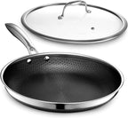 HexClad Hybrid Nonstick 12-Inch Frying Pan with Tempered Glass Lid, Stay-Cool Handle, Dishwasher-Friendly, Oven-Safe Up to 900°F, Induction Ready, Compatible with All Cooktops