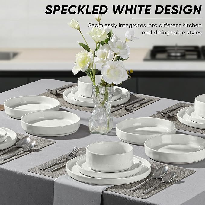 E-far 16-Piece Plates and Bowls Sets with Pasta Bowls - Stoneware Dinnerware Set for 4, Modern Ribbed Speckled White Dishes, Microwave & Dishwasher Safe