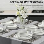 E-far 16-Piece Plates and Bowls Sets with Pasta Bowls - Stoneware Dinnerware Set for 4, Modern Ribbed Speckled White Dishes, Microwave & Dishwasher Safe