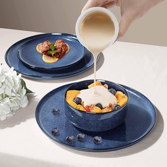 Herogo 24 Pieces Stoneware Dinnerware Sets Service for 8, Dinner Plates and Bowls Sets, Double Reactive Glaze Dishes Set for Kitchen, Scratch Resistant, Microwave & Dishwasher Safe, Starry Blue
