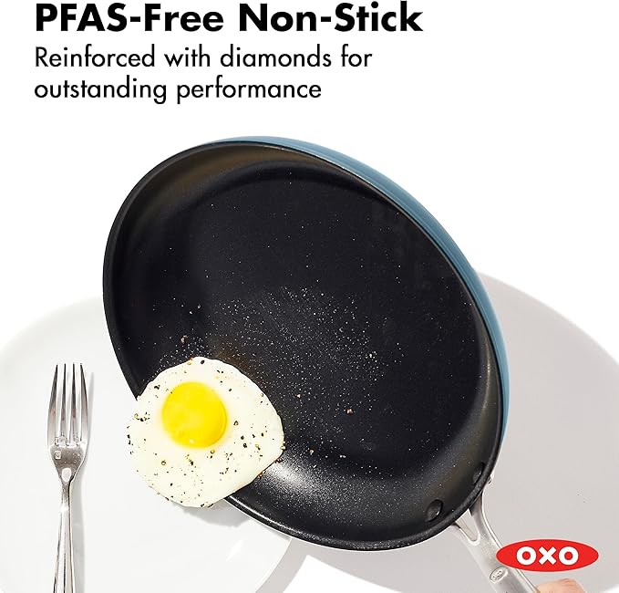 OXO Enhanced 12” Nonstick Frying Pan Skillet with Lid, Ceramic PFAS-Free Cookware, Durable Hard Anodized, Scratch Resistant, Stainless Steel Handle, Eggs & Omelets, Dishwasher & Oven Safe, Storm Blue