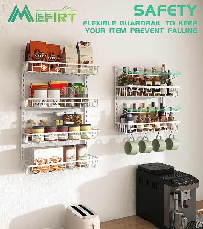 Over The Door Pantry Organizer, Wall Mount Spice Rack, Pantry Hanging Storage and Organization, 6 Adjustable Baskets Heavy-Duty Metal for Home & Kitchen, Back of Door Seasoning Rack - White