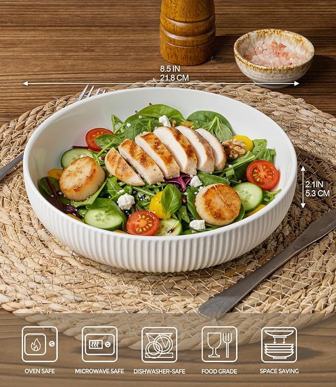 theterra 8.5'' Ceramic Pasta Bowls, Salad Bowls Set of 4, Stoneware Serving Bowls for Fruits, Noodle, Dinner, House-warming Wedding Present, Bright White