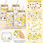 Mumufy 4 Pack Glass Cup with Bamboo Lid & Straw, 16 oz Iced Coffee Tumbler Set of 4, Honey Bee Floral Glass Cups, Reusable Clear Drinking Glasses for Iced Coffee, Tea, Smoothies, Gift for Women