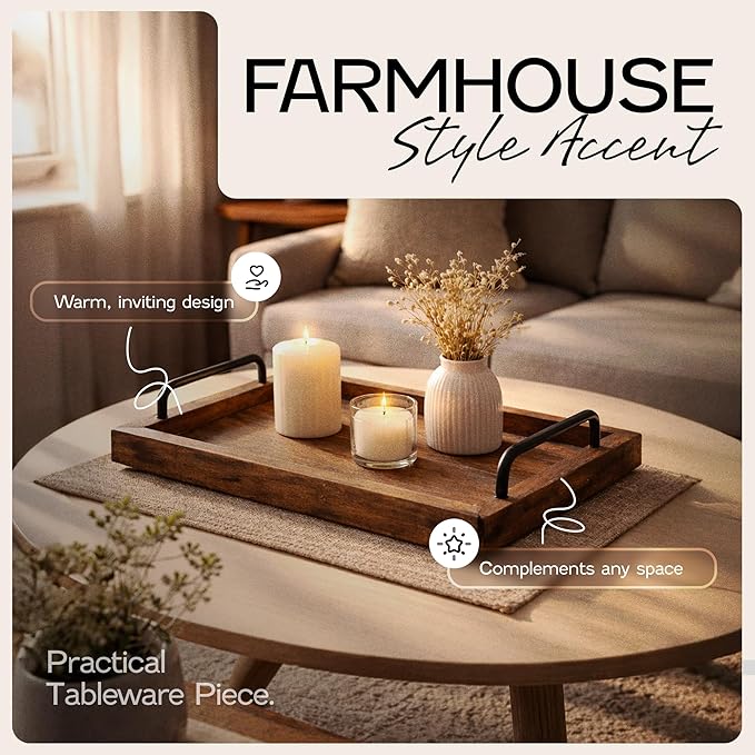 Besti Rustic Vintage Food Serving Trays (Set of 2) | Wooden Board w/Metal Handles | Stylish Farmhouse Decor Serving Platters | Small: 13.5" x 2 x 9.5, Large: 15.9" x 2" x 11.8" (Rustic Dark Brown)