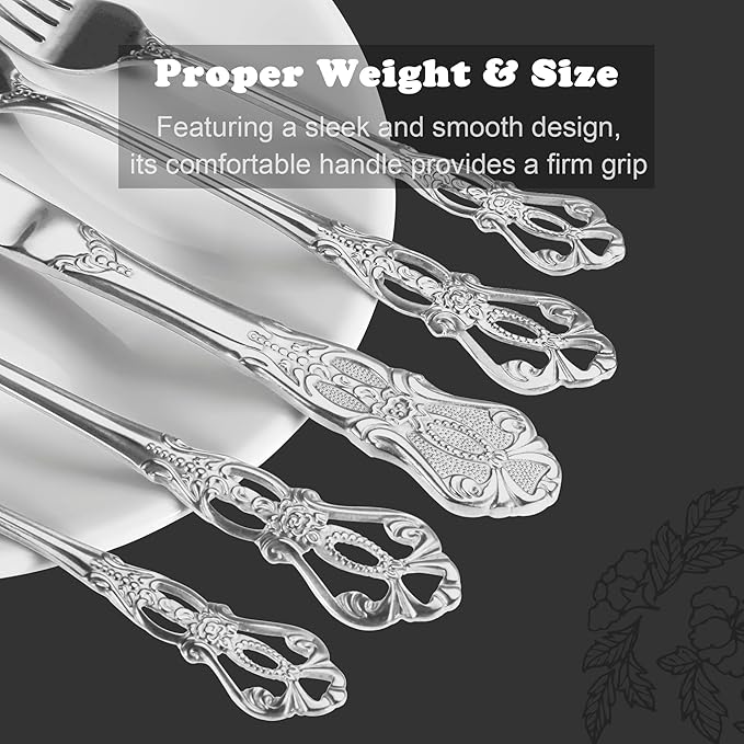 Runfly Retro Royal Silver 48 Pieces Flatware Set, Gorgeous Silver Silverware Set For 8, Anti-rust Stainless Steel dark Cutlery Set Utensils Including Fork Spoon and Knife