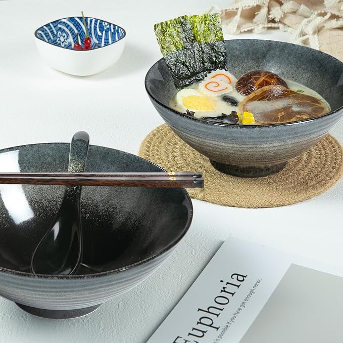 40 oz Ceramic Ramen Bowl Set of 2, Ramen Noodle Bowl with Spoons and Chopsticks 8 Inch Japanese Retro Style Large Soup, Pho, Udon Bowls, Microwave & Dishwasher Safe, Black