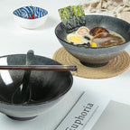 40 oz Ceramic Ramen Bowl Set of 2, Ramen Noodle Bowl with Spoons and Chopsticks 8 Inch Japanese Retro Style Large Soup, Pho, Udon Bowls, Microwave & Dishwasher Safe, Black