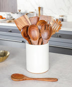 Nucookery Wooden Cooking Utensils Set with Holder, Nonstick Wooden Spoons for Cooking Spatula Set 10 Pcs, Teak Wood Kitchen Utensils Set, Ceramic Utensils Holder for Countertop, White
