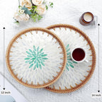 14" Large Rattan Serving Tray with Mother of Pearl, Round Coffee Table Tray Decor, Boho Decorative Hand-Woven Wicker Home Decor (Summer Green)