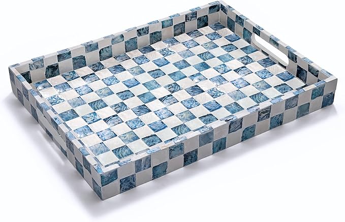 CHI AN HOME 15.8" x 11.8" Decorative Rectangular Tray with Natural Capiz Shells, Checkered Tray with Handles, Serving Tray for Ottoman, Coffee Table, Kitchen Counter Home Decor (Navy Blue)