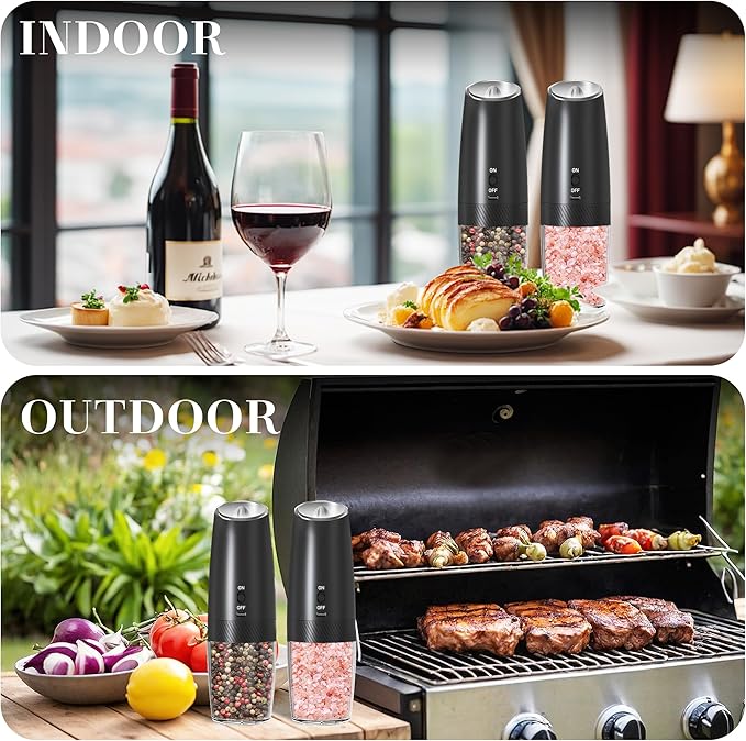 Rechargeable Electric Salt and Pepper Grinder Set, Gravity Activated, Adjustable Coarseness, LED Light, USB Charging, Ceramic Core, 150ml Transparent Hopper, Black
