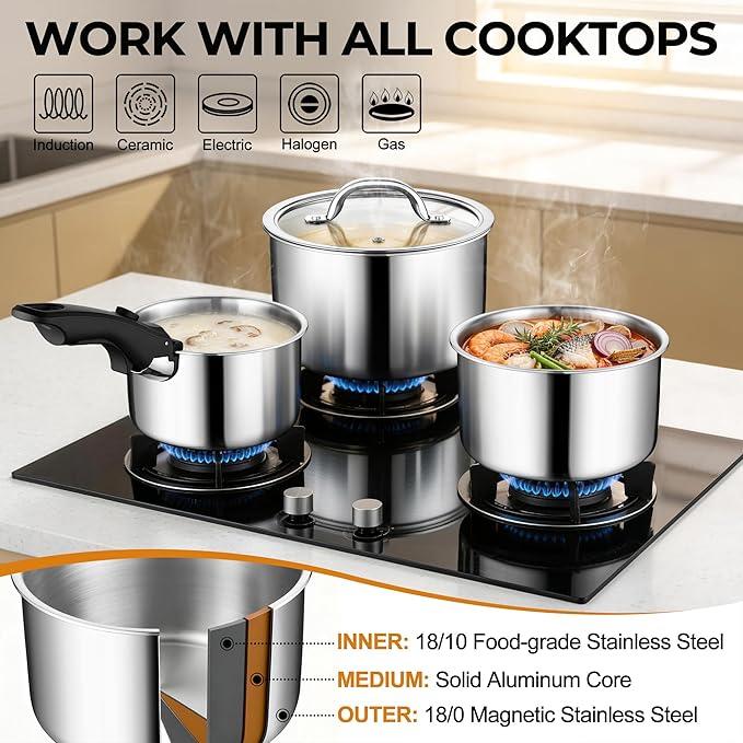 P&P CHEF Tri-Ply Stainless Steel Cookware Set of 3 with Removable Handle, 9-Pieces Pots and Pans Set, Induction 2Qt Saucepan, 3Qt Small Pot & 4Qt Cooking Pot, Oven & RV Safe to 500℉, Dishwasher Safe