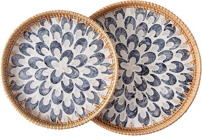 Set of 2 Round Rattan Tray Home Decor, Boho Decorative Wicker Serving Tray with Mother of Pearl Inlay for Coffee Table, Bathroom, Ottoman, Kitchen Table (Coastal Blue)