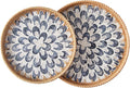 Set of 2 Round Rattan Tray Home Decor, Boho Decorative Wicker Serving Tray with Mother of Pearl Inlay for Coffee Table, Bathroom, Ottoman, Kitchen Table (Coastal Blue)