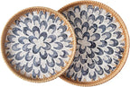 Set of 2 Round Rattan Tray Home Decor, Boho Decorative Wicker Serving Tray with Mother of Pearl Inlay for Coffee Table, Bathroom, Ottoman, Kitchen Table (Coastal Blue)