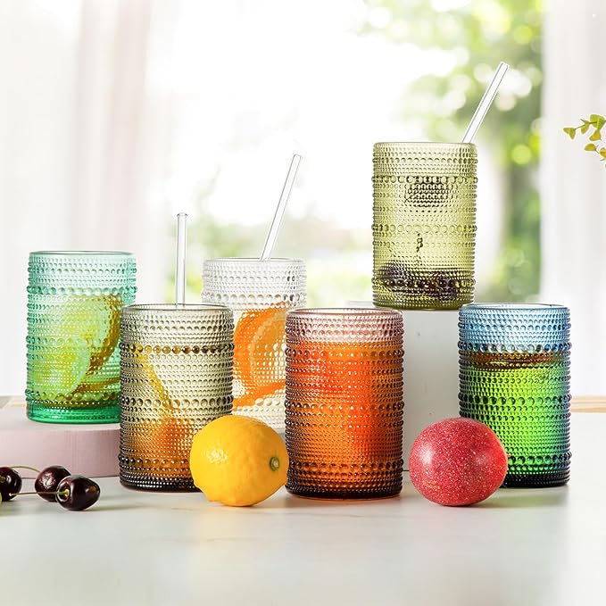 15 oz Colored Hobnail Drinking Glasses with Straws,Vintage Glassware Set of 6,Embossed Highball Cups Textured Glass Cups for Kitchen,Beer,Juice,Cocktail,Whiskey, Milk