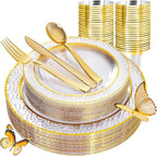 Ciaell 150PCS Clear Gold Plastic Plates - Disposable Gold Rim Plates include 25Dinner Plate, 25Dessert Plate, 25Forks, 25Knives, 25Spoons, 25Cups for Wedding & Party