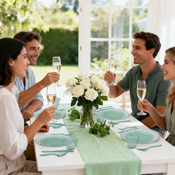 DaYammi 350 Pieces Green Glitter Dinnerware Set 50 Guest for Party St Patricks Day Plates - 50 Dinner Plates, 50 Dessert Plates - 50 Per Rolled Napkins with Green Cutlery - 50 Disposable Cups 9 OZ