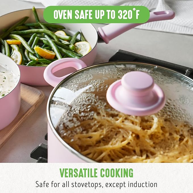 GreenLife 6QT Ceramic Nonstick Stockpot with Glass Straining Lid, PFAS-Free, Dishwasher Safe, Stay-Cool Handles, Oven Safe to 350°F, Wobble-Free Base, Even Heating, Pink