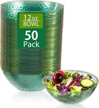 I00000 50 Pack 12 Ounce Clear Green Plastic Bowls Serving Bowls Hammered with Gold Rimmed, Heavy Duty Disposable Bowl Set,Small Bowls for Party Picnic