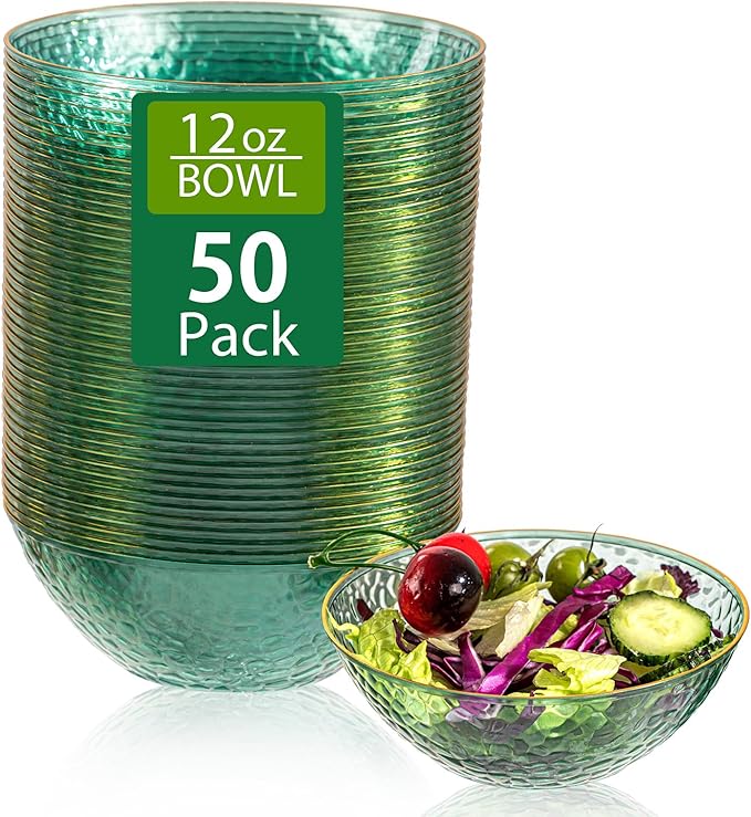 I00000 50 Pack 12 Ounce Clear Green Plastic Bowls Serving Bowls Hammered with Gold Rimmed, Heavy Duty Disposable Bowl Set,Small Bowls for Party Picnic