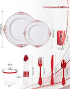 Nervure 350PCS Red Plastic Plates - White Red Plastic Dinnerware Set for 50 Guests - 100 Red Disposable Plates, 50 Pre Rolled Cutlery Set, 50 Cups Perfect for Wedding & Party & Valentine