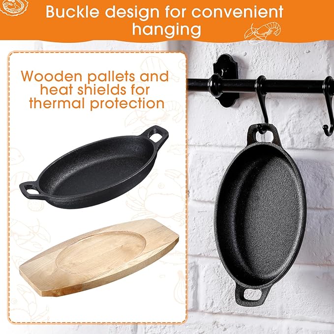 Mifoci 4 Pcs Mini Cast Iron Skillet with Wooden Base Small Cast Iron Fajita Plates Baker's Skillet Matte Black Pan Pot for Kitchen Restaurant Barbecue Dinner (8.7 x 4.7 x 1.6 Inches)