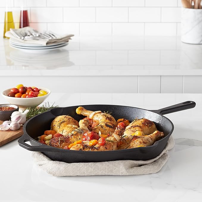 Amazon Basics Pre-Seasoned Cast Iron Skillet, Oven Safe, Even Heating, Heat Distribution, Stove Compatible, Heavy-Duty, 15-Inch, Black
